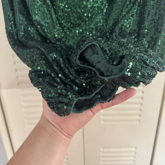 Flat White Sequin Crew Neck Top Green Size Large Party Cocktail Anthropologie - Picture 13 of 13
